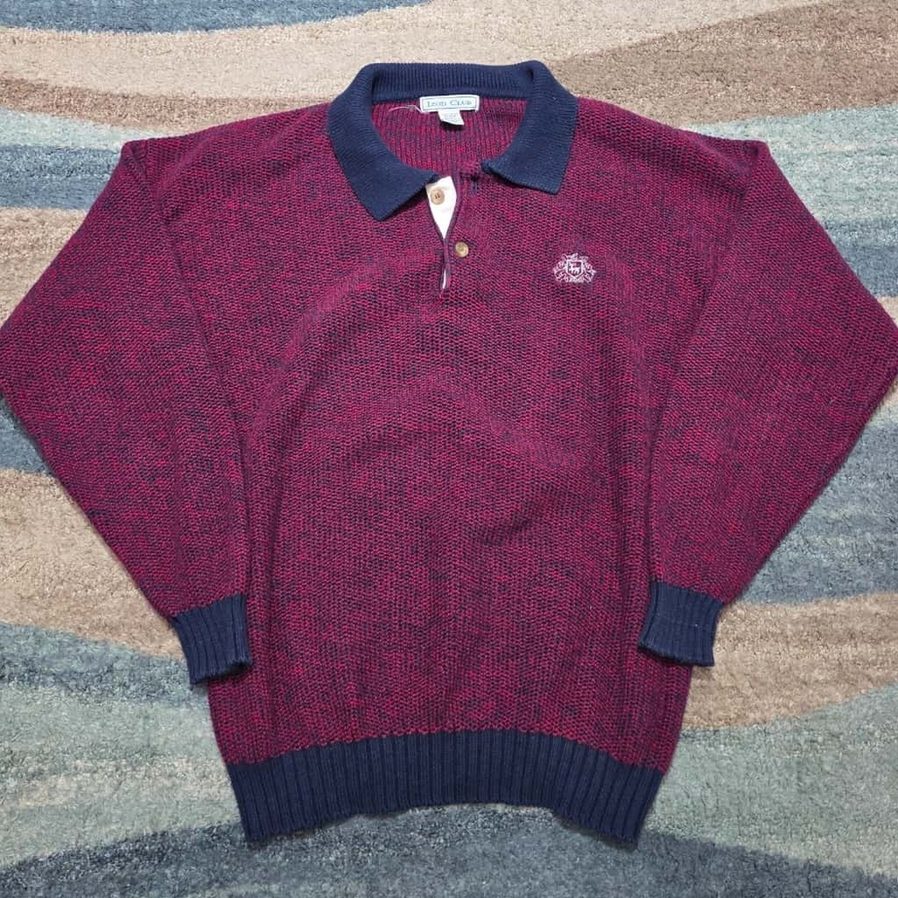 Vintage IZOD Club Men’s L Knit Polo Sweater Burgundy Blue Crest Hong Kong